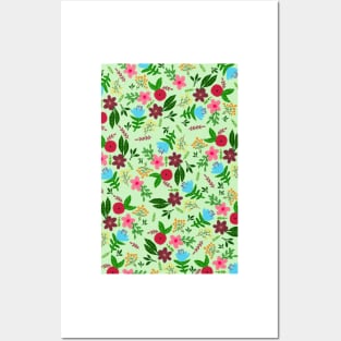 Red, pink, blue and maroon flower pattern with mint color background Posters and Art